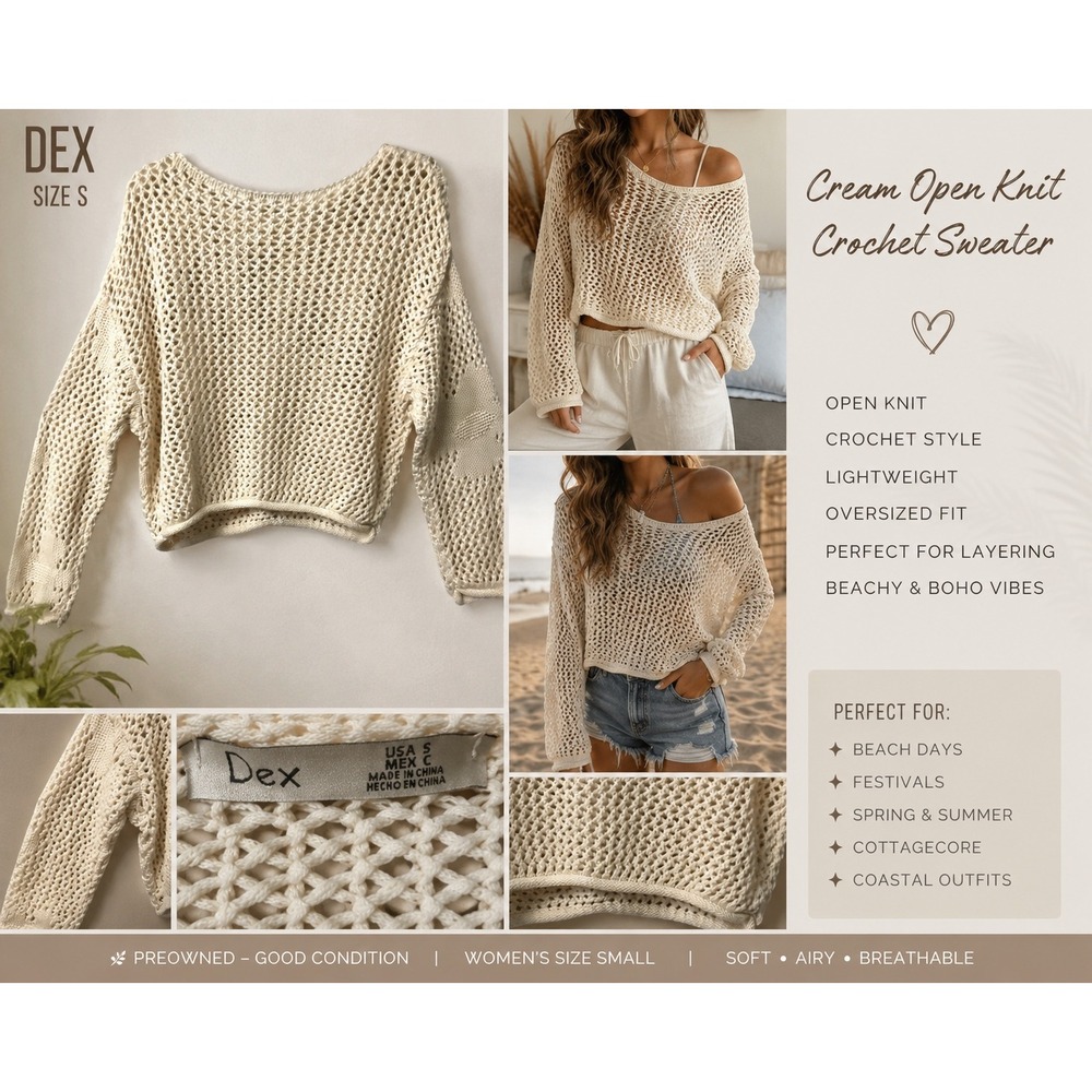 Dex Womens Cream Open Knit Crochet Sweater Oversized Mesh Long Sleeve Small